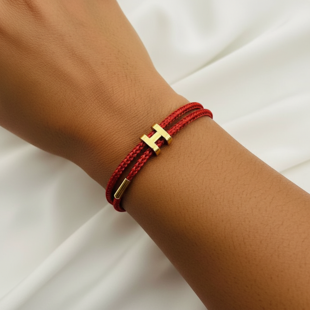 Bracelet Hermès cordon tressé rouge, détail porté